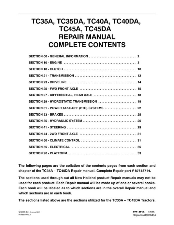 Service manual New Holland TC35A, TC35DA, TC40A, TC40DA, TC45A, TC45DA | 87618716