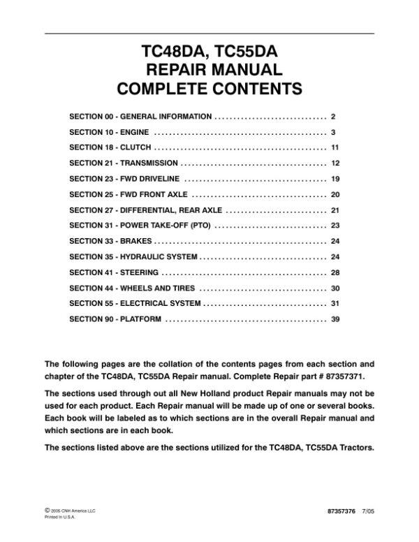 Service manual New Holland TC48DA, TC55DA Tractors | 87357376