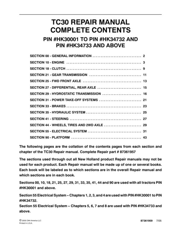 Service manual New Holland TC30 Tractor | 87361959