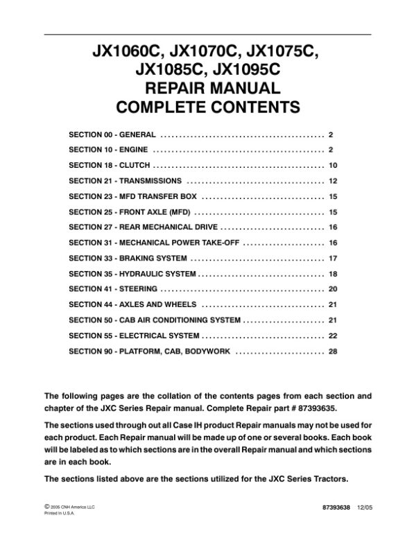 Service manual Case JX1060C, JX1070C, JX1075C, JX1085C, JX1095C | 87393638