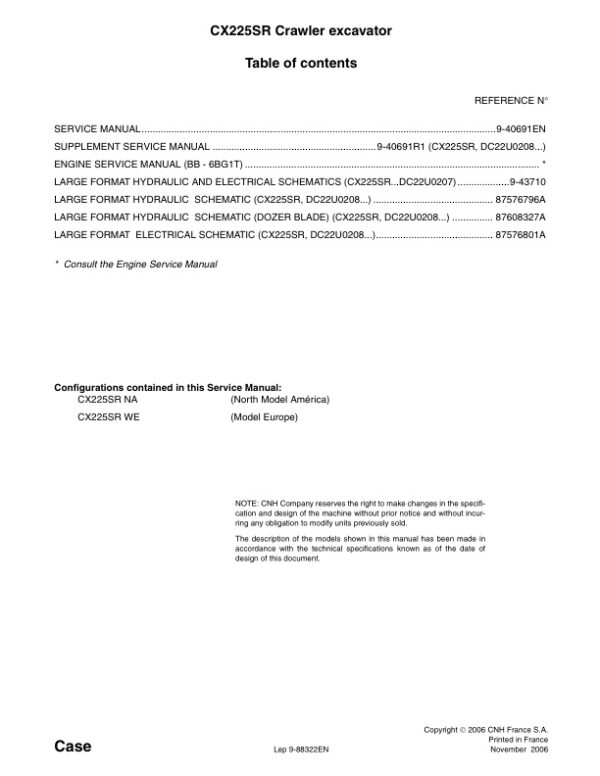 Service manual Case CX225SR Crawler Excavator | 9-88322