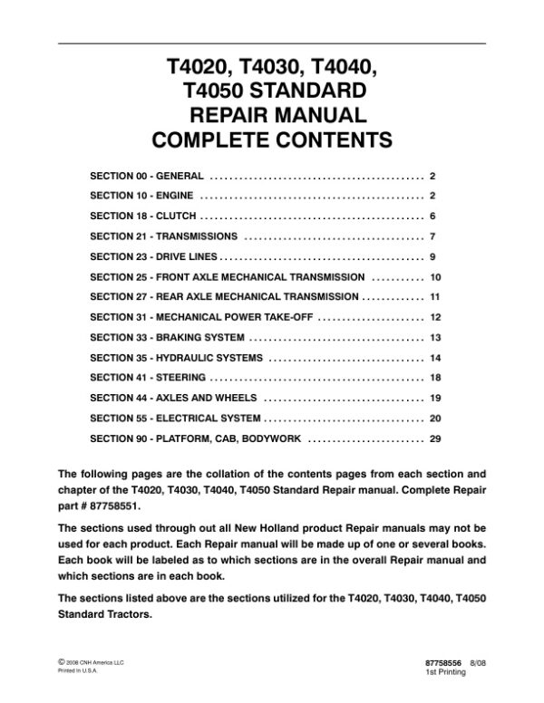 Service manual New Holland T4020, T4030, T4040, T4050 | 87758556