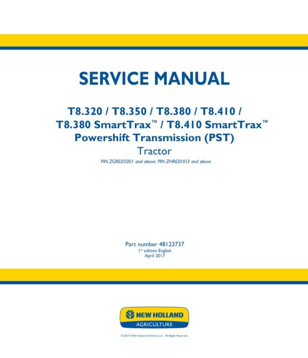 Service manual New Holland T8.320, T8.350, T8.380, T8.410 SmartTrax (PST) | 48123737