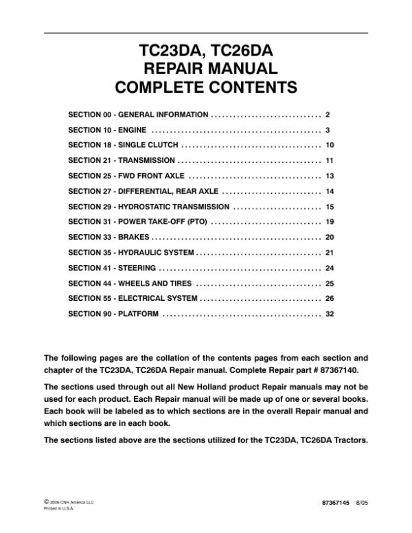 Service manual New Holland TC23DA, TC26DA Tractors | 87367145