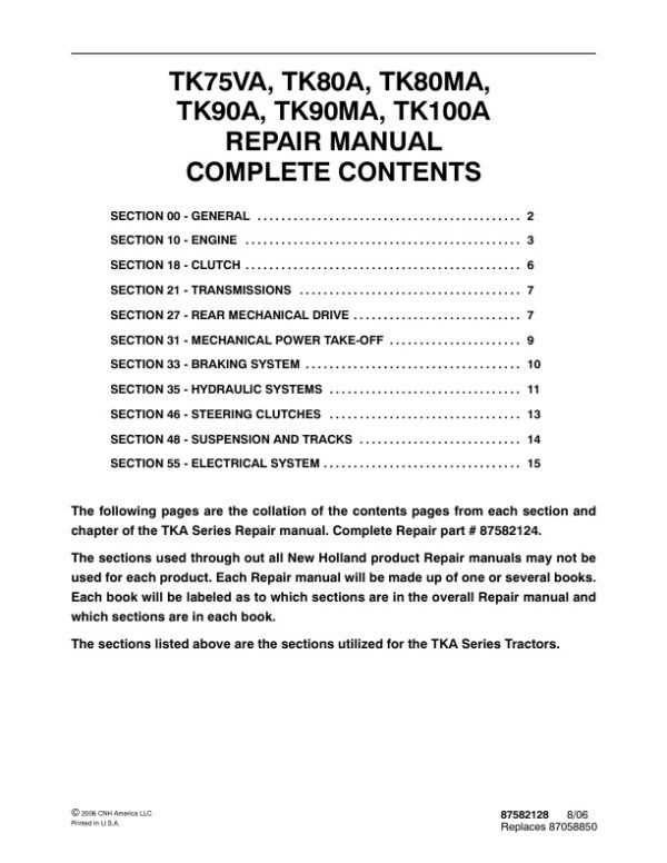 Service manual New Holland TK75VA, TK80A, TK80MA, TK90A, TK90MA, TK100A | 87582128