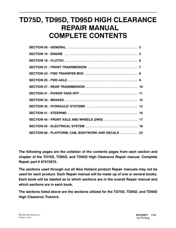 Service manual New Holland TD75D, TD95D, TD95D Tractors | 87572977