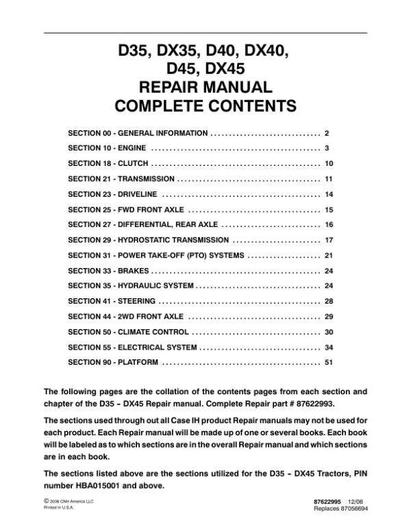 Service manual Case D35, DX35, D40, DX40, D45, DX45 Tractors | 87622995