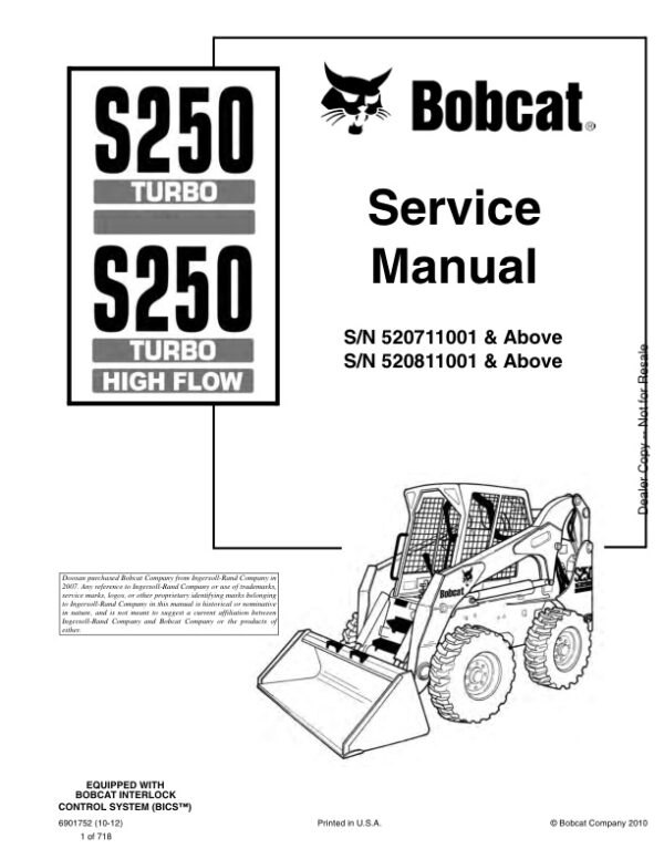 Service manual Bobcat S250 520711001 520811001 & Up | 6901752