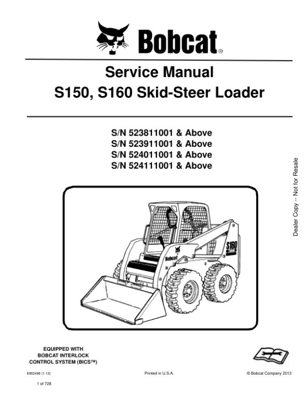 Service manual Bobcat S160, S150 523811001 523911001 524011001 524111001 & Up | 6902498
