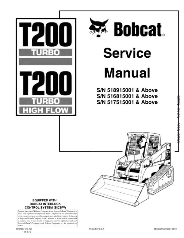 Service manual Bobcat T200 518915001 516815001 517515001 & Up | 6901397