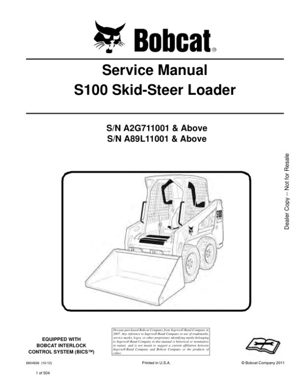 Service manual Bobcat S100 A2G711001 A89L11001 & Up | 6904926