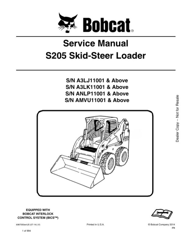 Service manual Bobcat S205 A3LJ11001 A3LK11001 ANLP11001 AMVU11001 & Up | 6987050