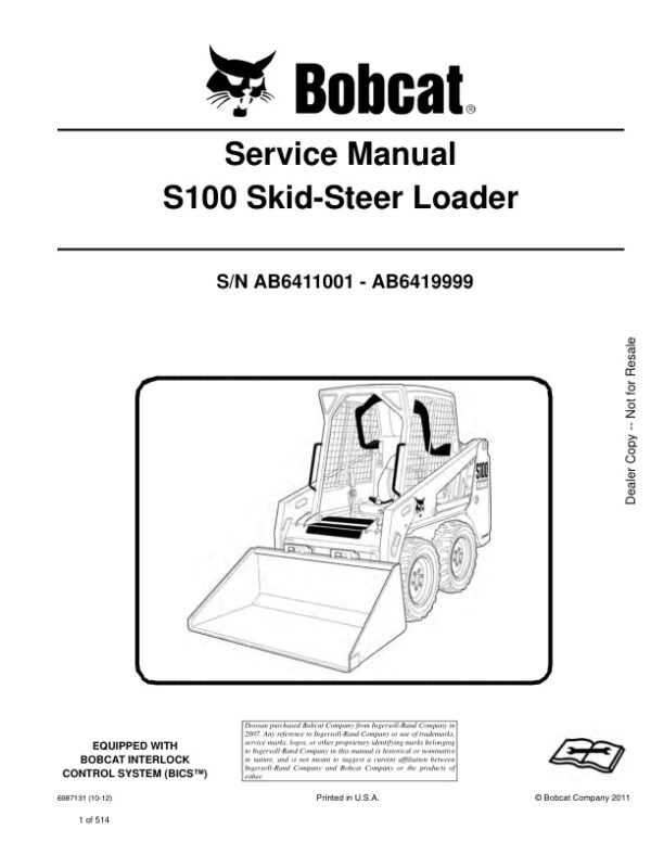 Service manual Bobcat S100 AB6411001 – AB6419999 | 6987131