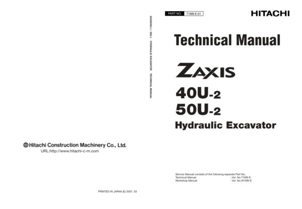 Technical Manual Hitachi ZX40U-2, ZX50U-2 Excavator | T1M9-E-01
