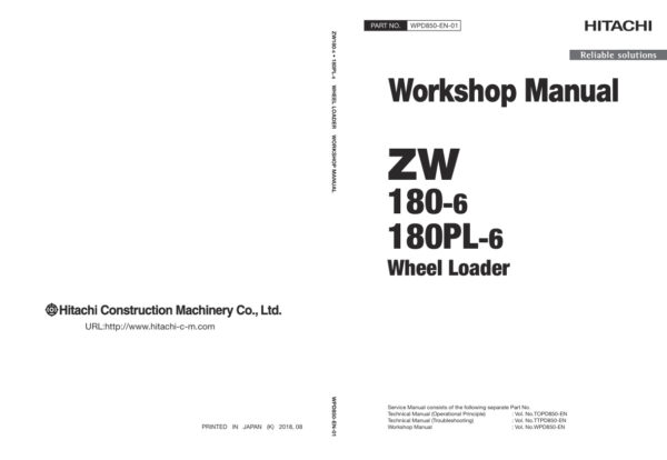 Service manual Hitachi ZW180-6, ZW180PL-6 Loader | WPD850-EN-01