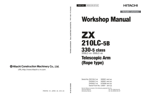Service manual Hitachi ZX210LC-5B, ZX330LC-5G, ZX350LC-5B Telescopic Arm (Rope type) | WDDD-EN-OP-00
