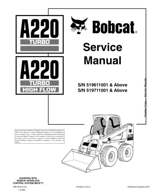 Service manual Bobcat A220 Turbo 519611001 519711001 & Up | 6901245