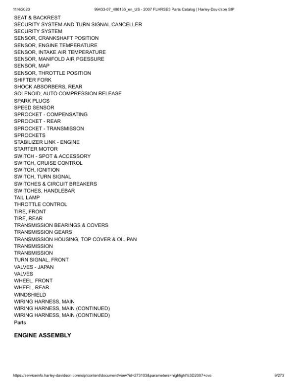Parts Catalog 2007 Harley-Davidson FLHRSE3 Models | 99433-07