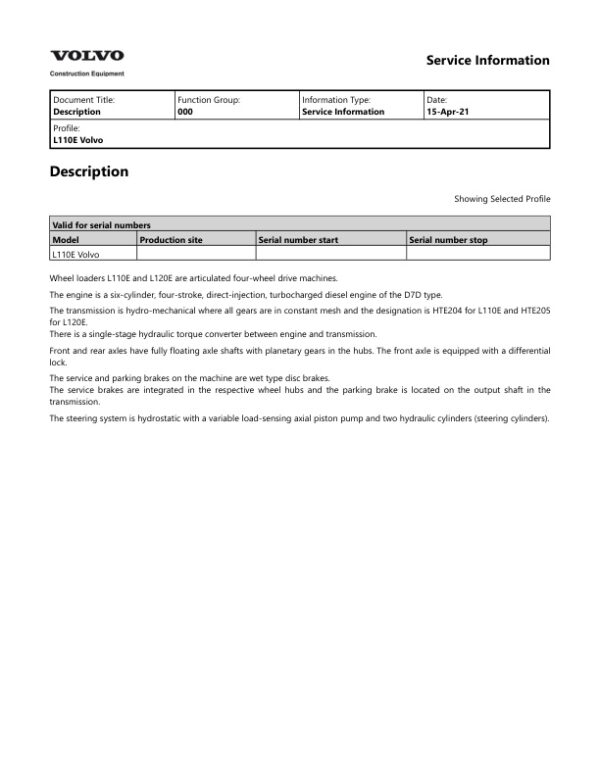 Service manual Volvo L110E Wheel Loader | 2021