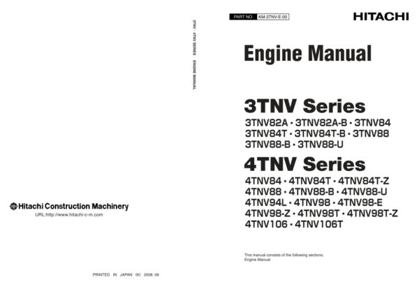 Service manual Hitachi 3TNV, 4TNV Series Engines | KM-3TNV-E-00 (2008.11.05)