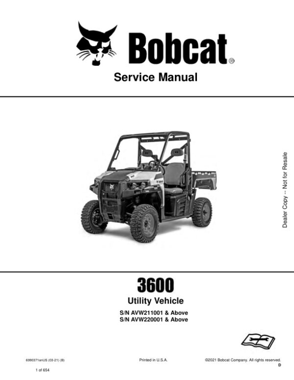 Service manual Bobcat 3600 Utility Vehicle AVW211001, AVW220001 & Up | 6990371