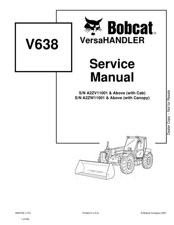 Service manual Bobcat V638 A2ZV11001, A2ZW11001 & Up | 6904755