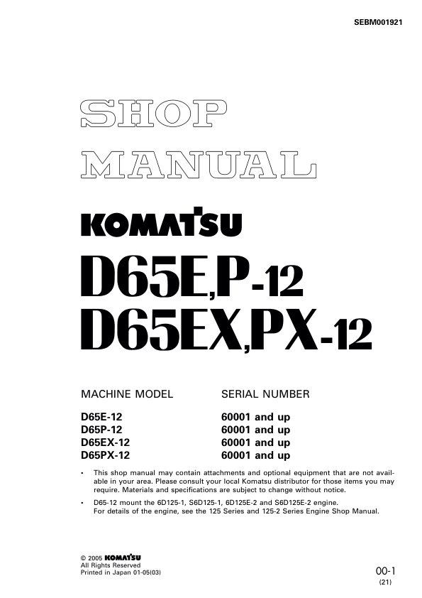page_1 Service manual Komatsu D65E-12, D65P-12, D65EX-12, D65PX-12 60001 & Up | SEBM001921
