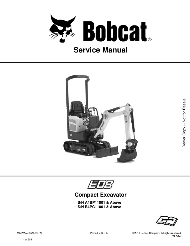 page_1 Service manual Bobcat E08 A4BP11001, B4PC11001 & Up | 6986785 (06-19)