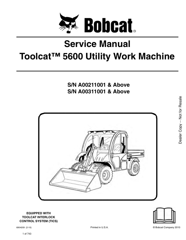 page_1 Service manual Bobcat Toolcat 5600 A00211001, A00311001 & Up | 6904209 (2-10)