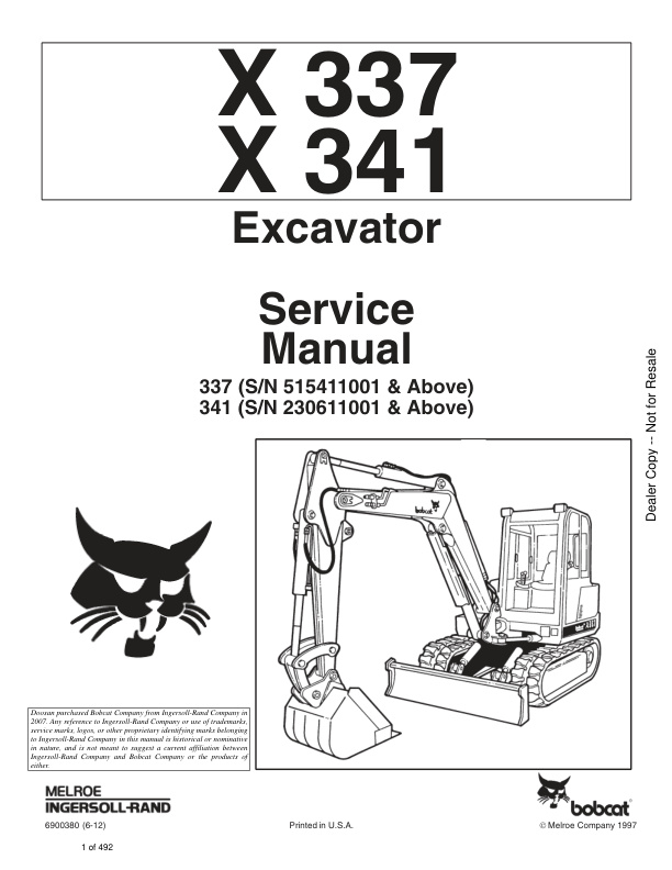 page_1 Service manual Bobcat X337, X341 Excavator | 6900380 (6-12)