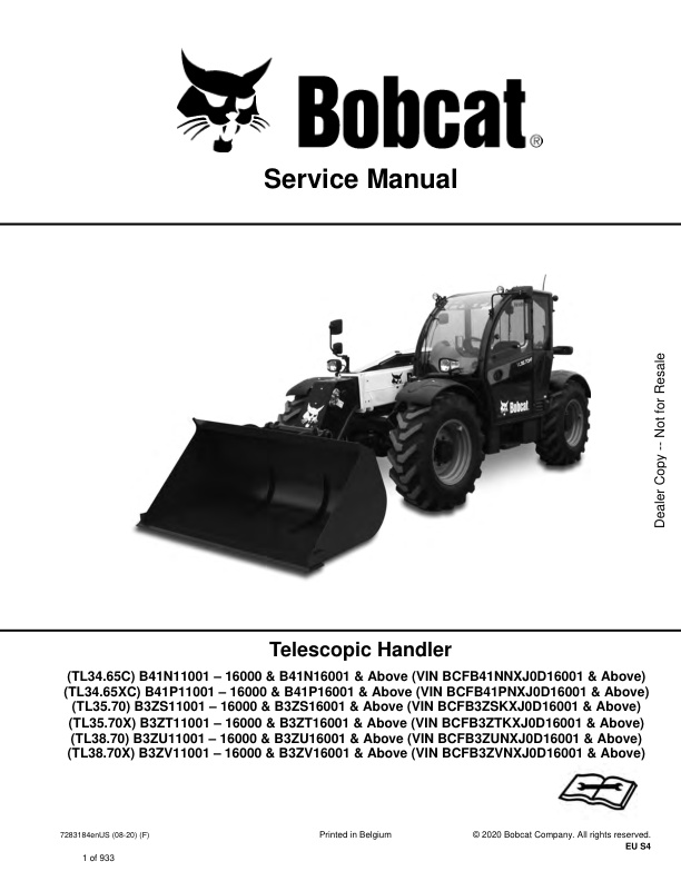 page_1 Service manual Bobcat TL34.65C, TL34.65XC, TL35.70, TL35.70X, TL38.70, TL38.70X | 7283184 (08-20)