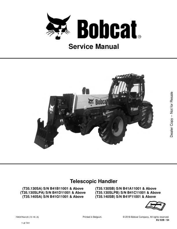 page_1 Service manual Bobcat T35.130SA, T35.130SLPA, T35.140SA, T35.130SB, T35.130SLPB, T35.140SB | 7283378 (10-18)