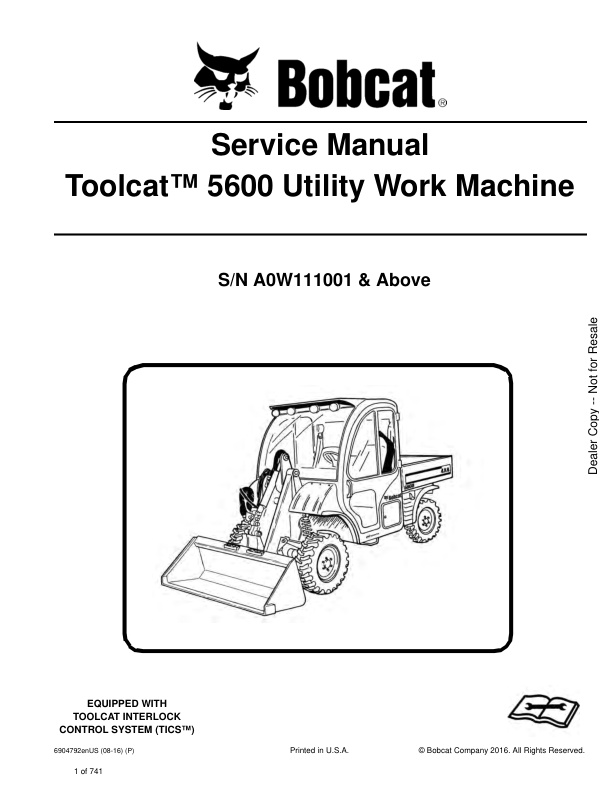 page_1 Service manual Bobcat Toolcat 5600 A0W111001 & Up | 6904792 (08-16)