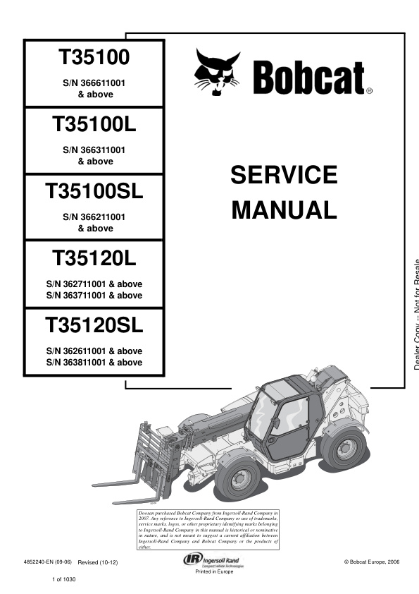 page_1 Service manual Bobcat T35100, T35100L, T35100SL, T35120L, T35120SL | 4852240 (10-12)