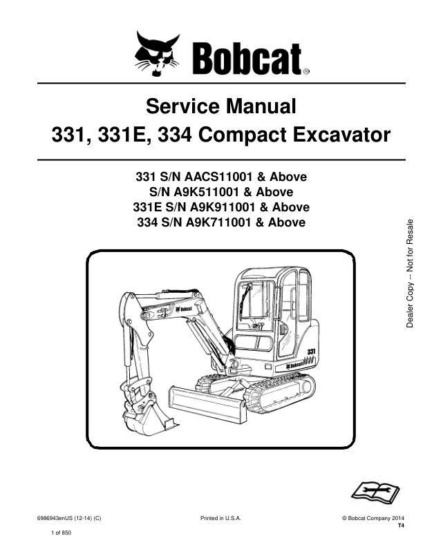 page_1 Service manual Bobcat 331, 331E, 334 Compact Excavator | 6986943 (12-14)
