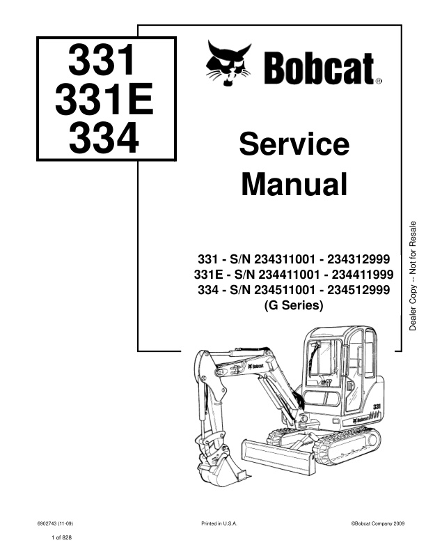 page_1 Service manual Bobcat 331, 331E, 334 Excavator (G Series) | 6902743 (11-09)