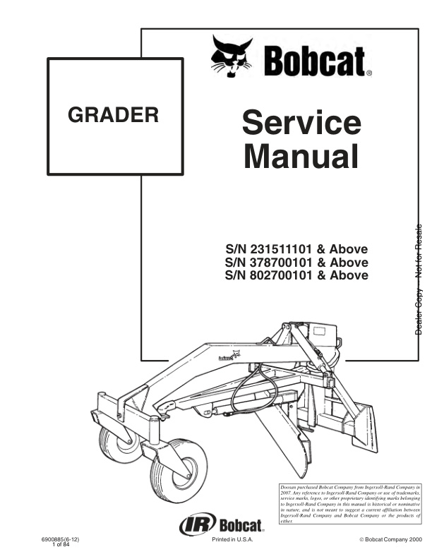 page_1 Service manual Bobcat Grader | 6900885 (6-12)