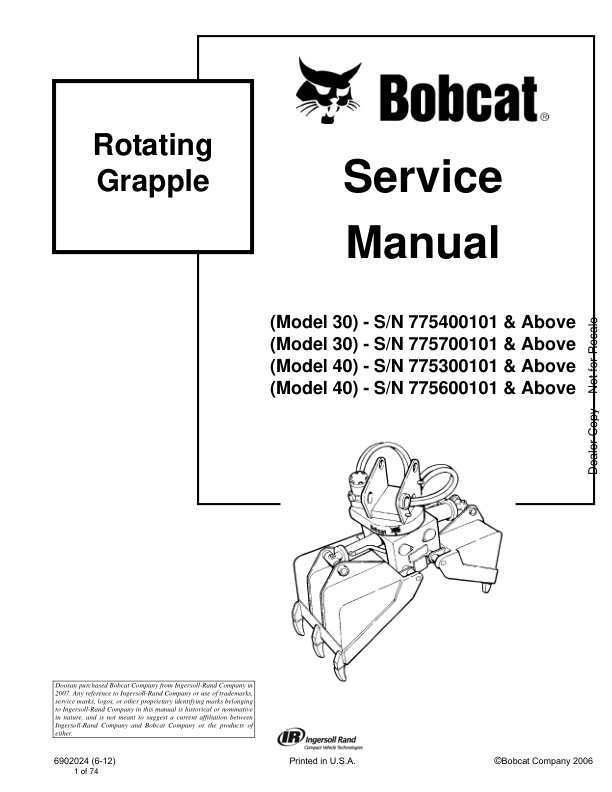 page_1 Service manual Bobcat Rotating Grapple Model 30, 40 | 6902024 (6-12)