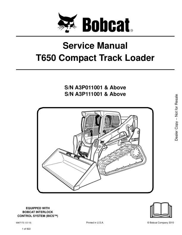 page_1 Service manual Bobcat T650 A3P011001, A3P111001 & Up | 6987172 (12-10)