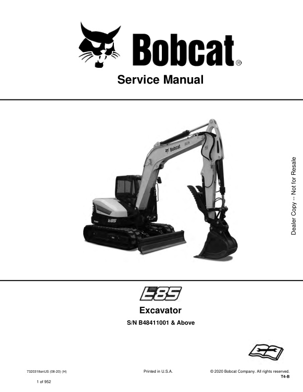 page_1 Service manual Bobcat E85 Excavator B48411001 & Up | 7320318 (08-20)