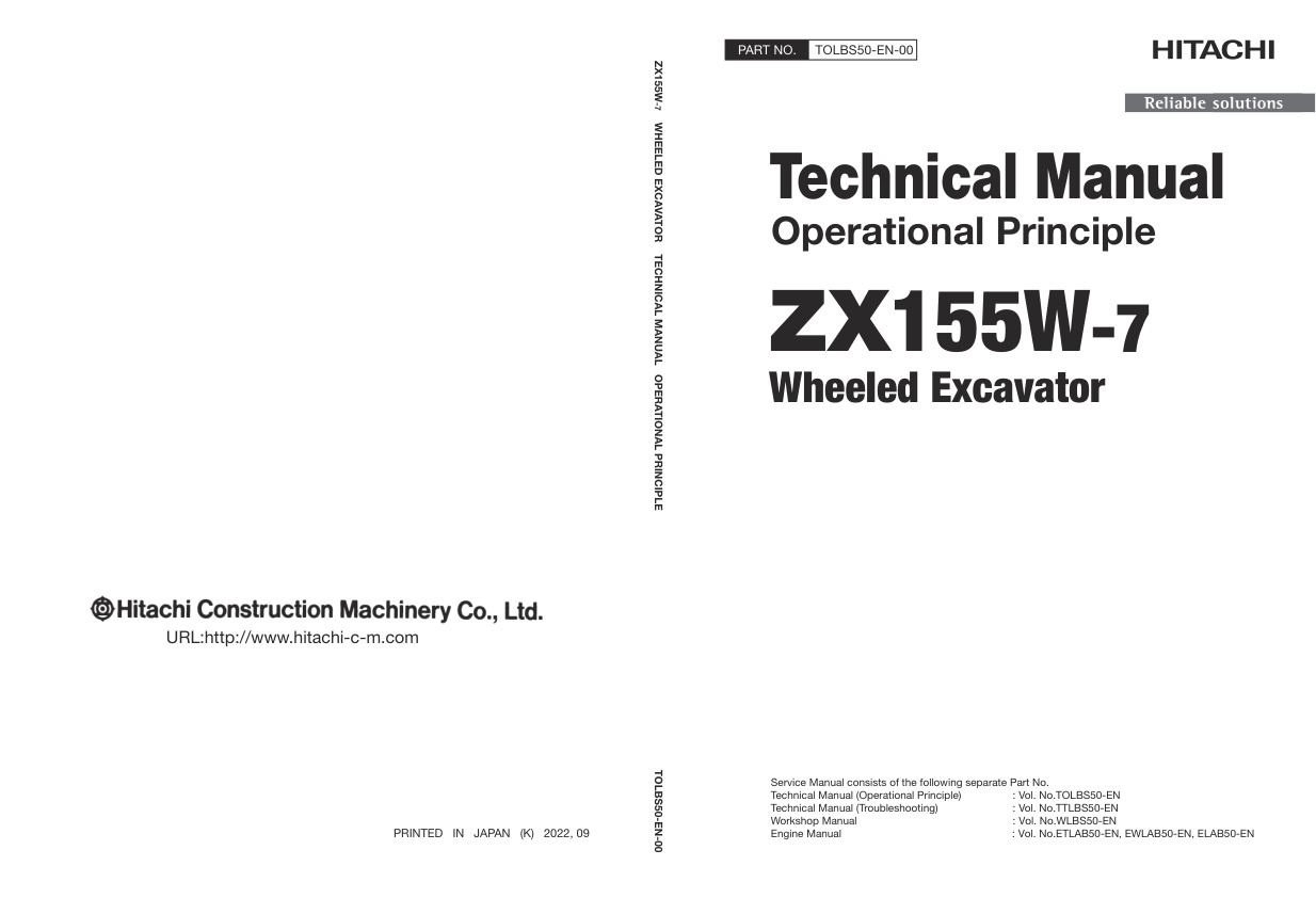 page_1 Technical Manual Hitachi ZX155W-7 Wheeled Excavator | TOLBS50-EN-00 (2022.09.29)