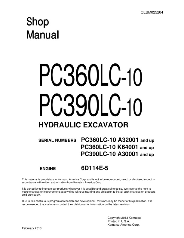 page_1 Service manual Komatsu PC360LC-10, PC390LC-10 Hydraulic Excavator | CEBM025204