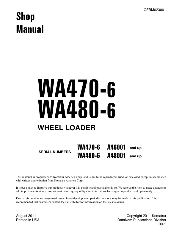 page_1 Service manual Komatsu WA470-6 A46001 & Up, WA480-6 A48001 & Up | CEBM023001