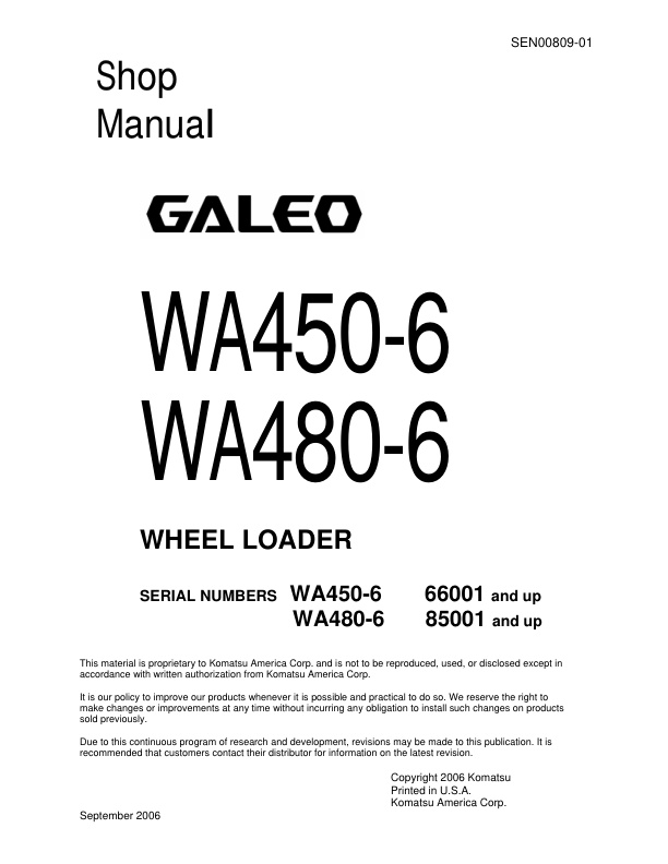 page_1 Service manual Komatsu WA450-6 66001 & Up, WA480-6 85001 & Up | SEN00809-01