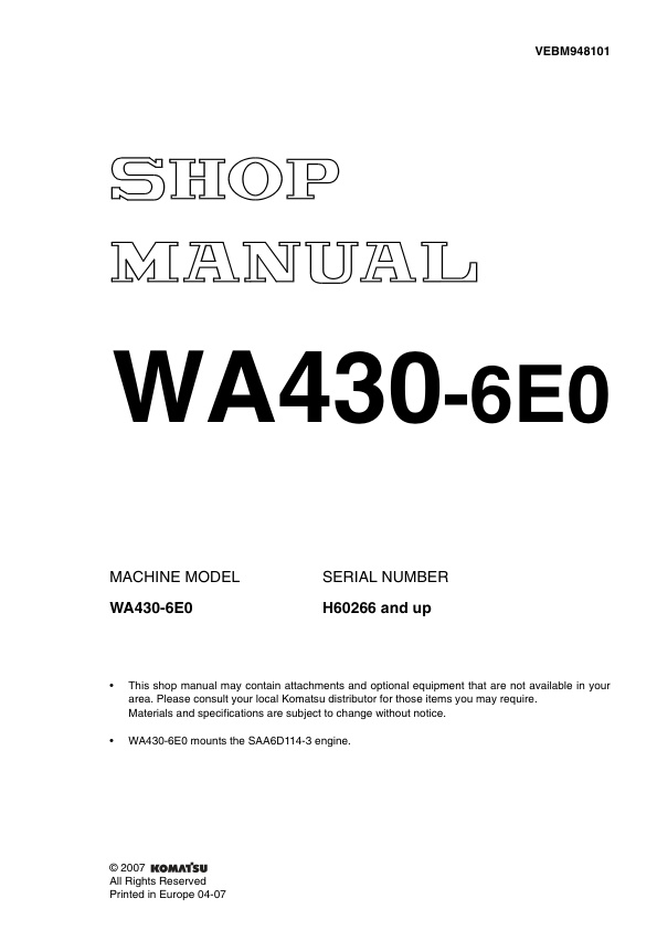 page_1 Service manual Komatsu WA430-6E0 H60266 & Up | VEBM948101