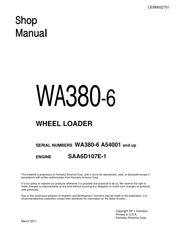 page_1 Service manual Komatsu WA380-6 A54001 & Up | CEBM022701