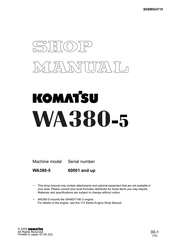 page_1 Service manual Komatsu WA380-5 60001 & Up | SEBM024710