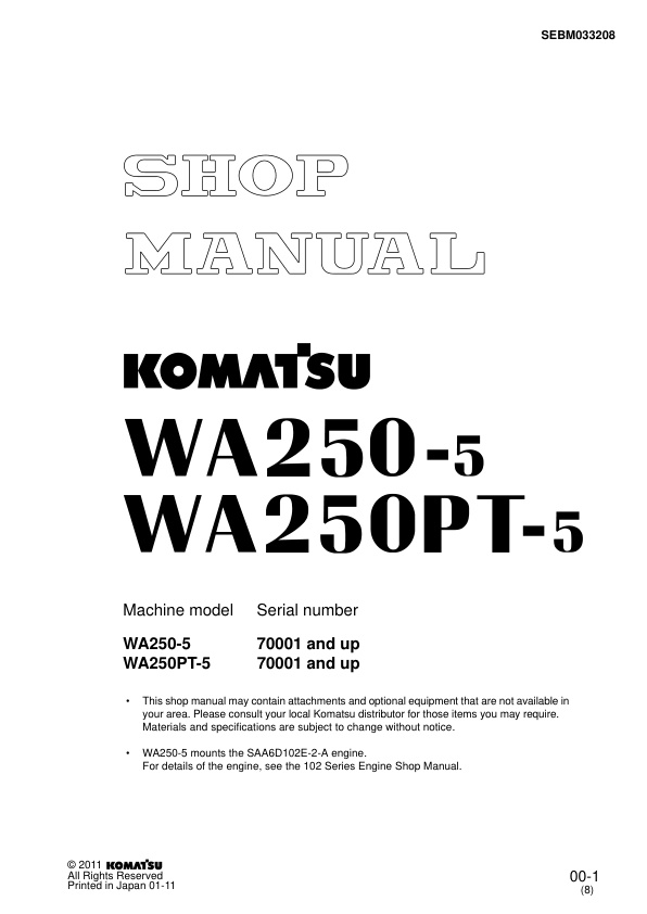 page_1 Service manual Komatsu WA250-5, WA250PT-5 70001 & Up | SEBM033208