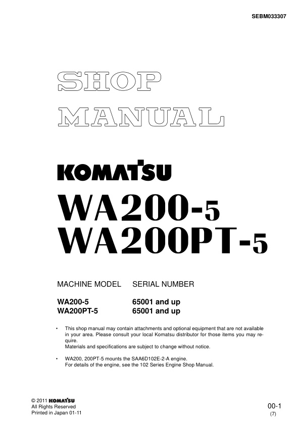 page_1 Service manual Komatsu WA200-5, WA200PT-5 65001 & Up | SEBM033307