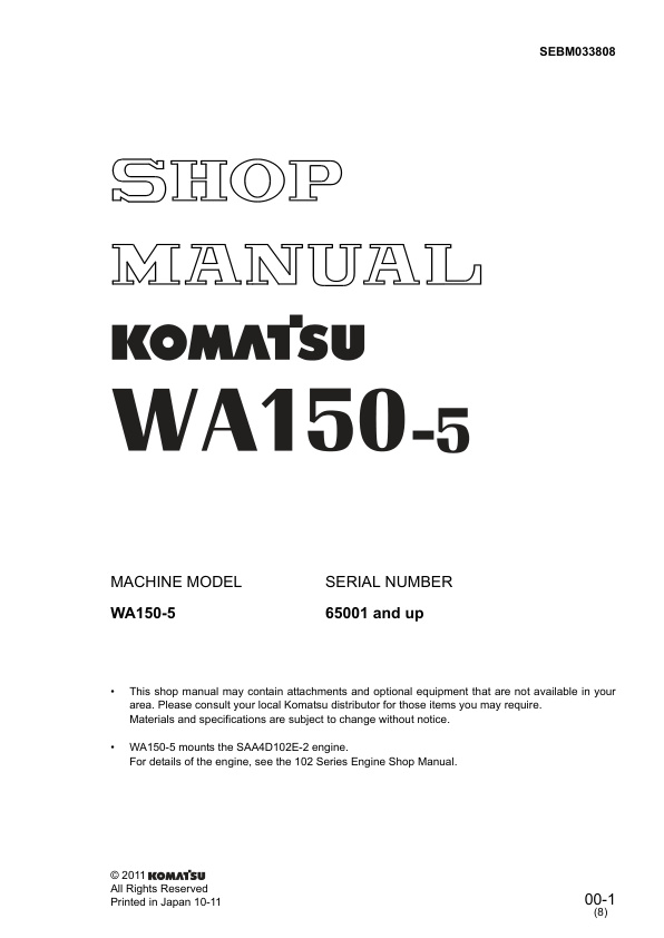 page_1 Service manual Komatsu WA150-5 65001 & Up | SEBM033808